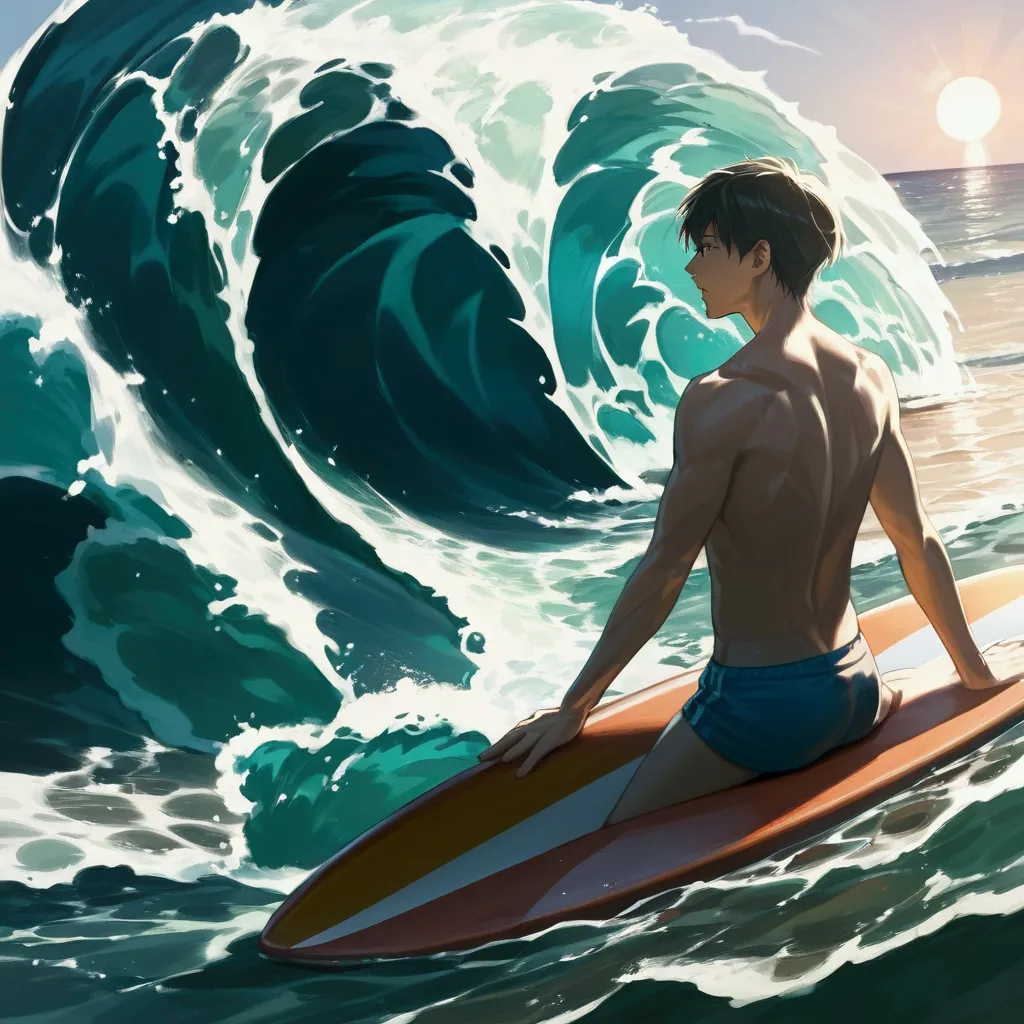 score_9, score_8_up, score_7_up, source_anime, 1boy, swimwear, surfboard, surfing, perfect hands, sun, blue sky, sea, wave, shin...