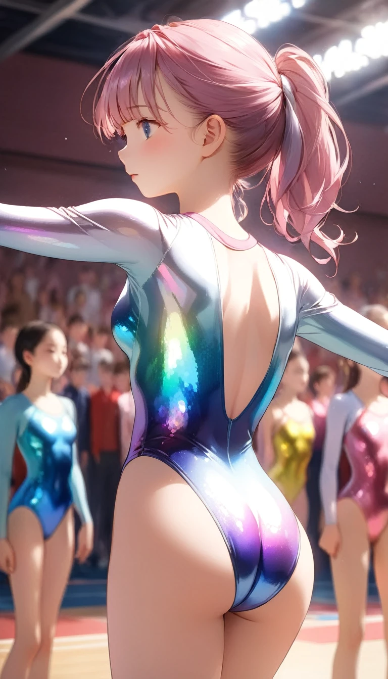 highquality illustration, masterpiece, very delicate and beautiful, attractive girl,((gymnastics leotard,tight-fit
 leotard,long sleeve leotard,long_sleeve leotard,high_leg leotard,athletic leotard,floral patterns leotard,iridescent gradient leotard)), audience reactions,thin,slender body,slim,high school,gymnasium,gymnastics club,beautiful eyes,(masterpiece, best quality:1.2), highres, extremely detailed CG unity 8k wallpaper, perfect lighting, Colourful, ultra-high res,4K,ultra-detailed, photography, 8K, HDR,  17 ages,cowboy shot,