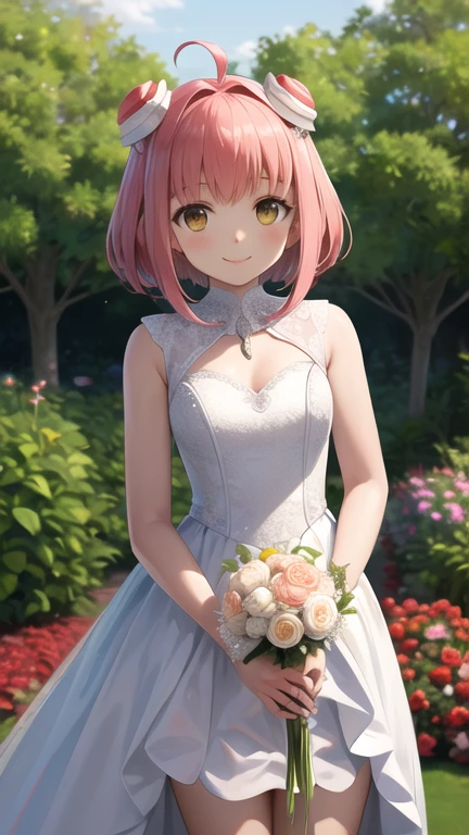 masterpiece, best quality, highres, aamomo, short hair, ahoge, hair ornament, wedding dress, standing, cowboy shot, garden, smile