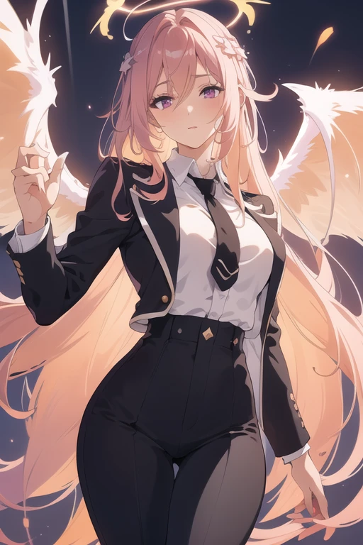 beautiful young woman, lithe physique, long messy peach colored hair, magenta eyes, halo, crown, white shirt, black tie, black jacket, black pants, suit and tie, small breasts, large ass, thighs, highly detailed, 8k, photorealistic, dramatic lighting, cinematic, elegant, fashion portrait, angel, angelic, wings,