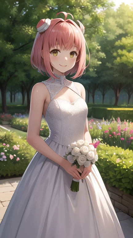 masterpiece, best quality, highres, aamomo, short hair, ahoge, hair ornament, wedding dress, standing, cowboy shot, garden, smile