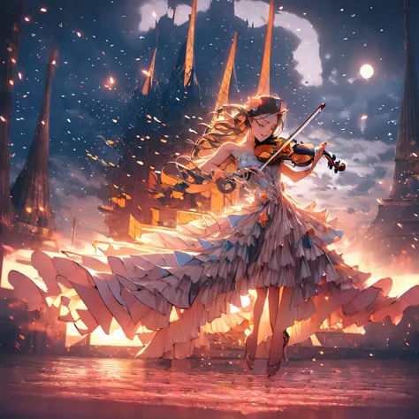 create a detailed and high-definition image of a serene night scene with a silhouetted mermaid musician playing a violin on a cl...