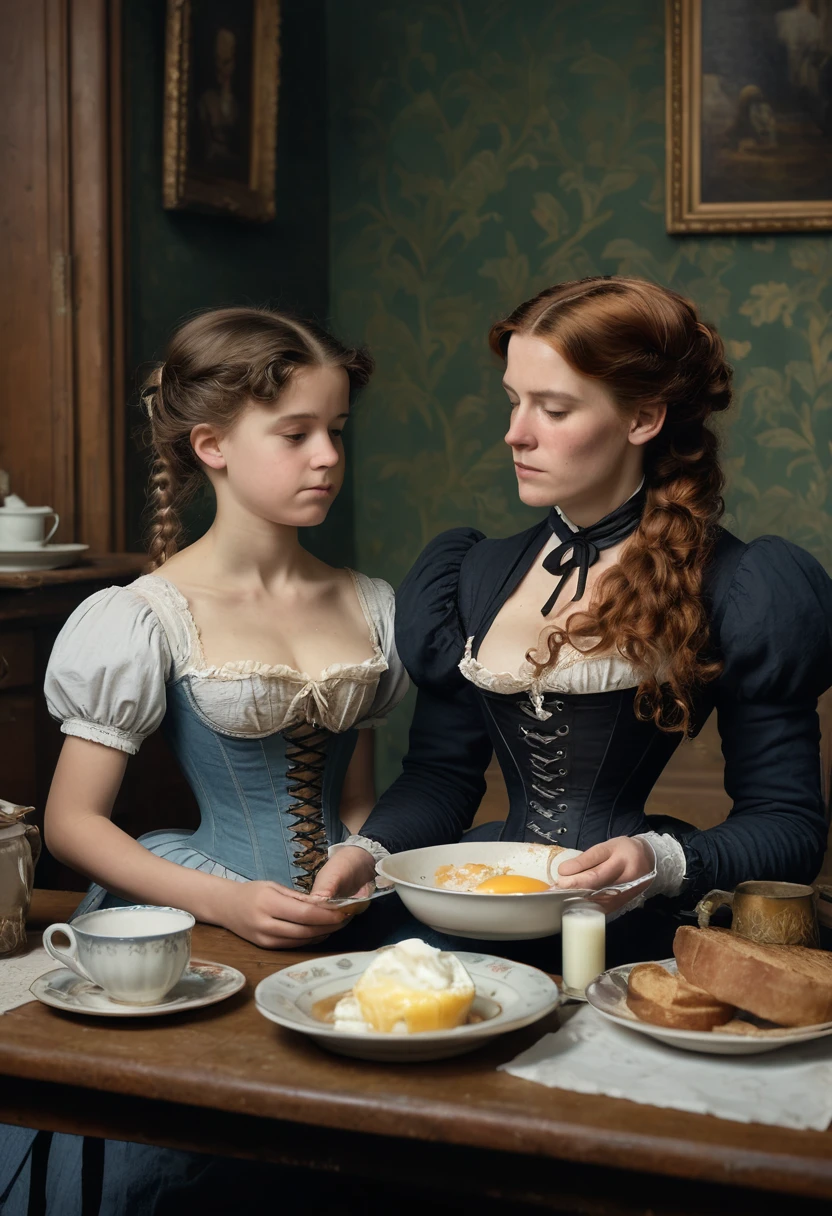 
A Victorian woman, her hair slightly unkempt, dressed in ragged clothes and a tight corset, sits at a table with her young daughter. They both are having breakfast together. The woman delicately eats with a tired expression while the young girl looks up at her with admiration. The room is dimly lit, with sparse furnishings and a few flickering candles providing the only light source. The atmosphere conveys a sense of quiet intimacy and familial bond despite their worn-down appearance. 
Subject Description: Victorian woman in dirty clothes and corset eating breakfast with her young girl
Type of Image: Realistic Photograph
Art Styles: Victorian realism
Art Inspirations: Victorian-era paintings
Camera: Canon EOS 5D Mark IV
Shot: Medium shot
Render Related Information: High resolution, ambient lighting, vintage aesthetic
