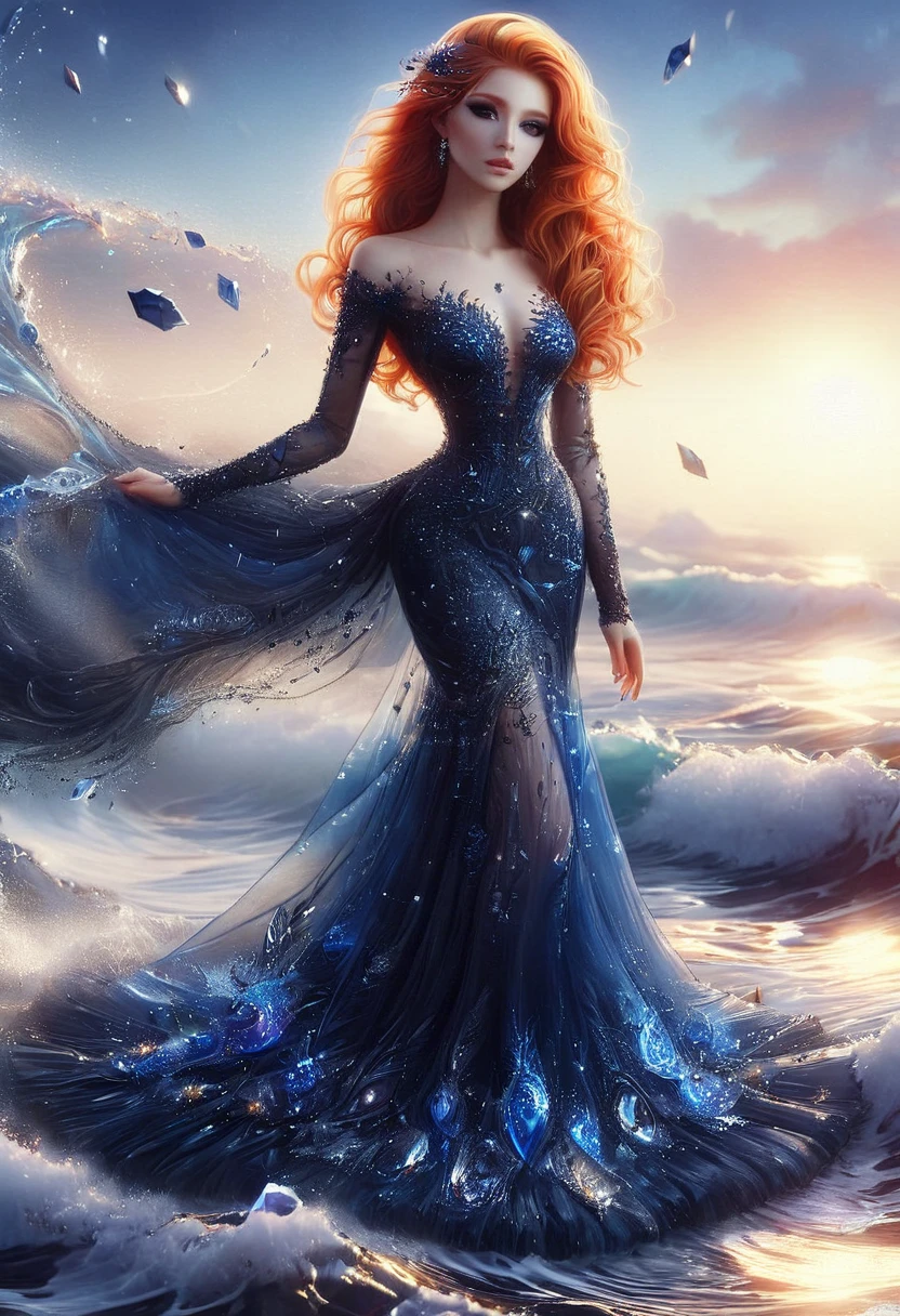 (masterpiece, Best quality), ((1 girl, One, long hair)), Ishmael_limbo, Expression of innocence, Bare hands, bare shoulders, Bare neck, watercolor, sundress, liquid clothing, water, waves, water dress, BLUE_Topic, night, fog, Dark, Sharp Focus, sea, A transparent dress, orange hair
