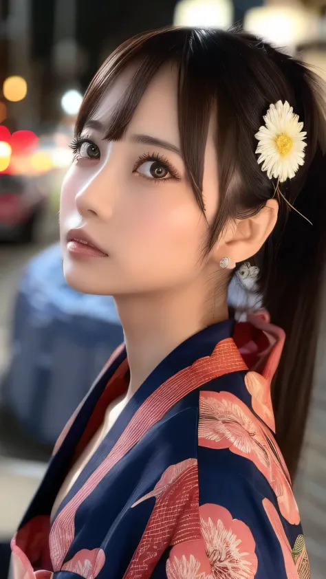 highest quality, finer details, (beautiful single women))), highly detailed eyes and face, firework, yukata, looking up at firew...