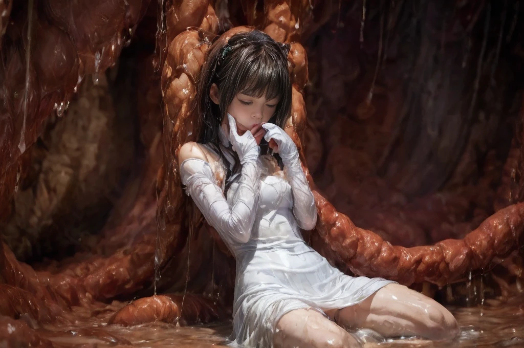 tentacles raping chjld himeka (inside creature:1.4) of stinky saliva fluids, (stinky dress), wet girl, sitting, ((looking at the viewer)), wet skin, bukkake, anguished, bound by slimy tentacles, bdsm, vine, sitting in a mirror, she is resisting from cum shot, fetish, pussy juice stain, (she is hiding her mouth:1.5) inside creature, slimy ((wet skin)) dripping, (beautiful eyes), dried saliva, ((steaming)), depth of field, 1girl, solo