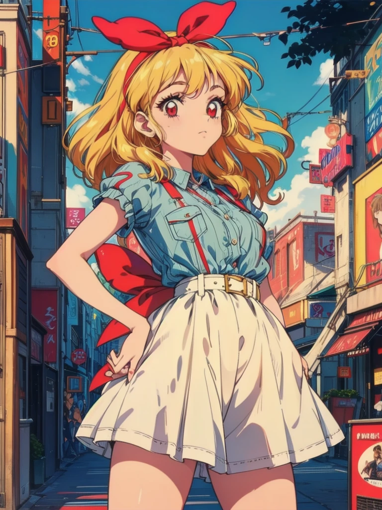 (RED Ribbon on HAIRband:1.2),(80's, retro, city pop poster:1.5), (album cover), (masterpiece, best quality), (anime, illustration), 
best photo pose, dynamic angle, cowboy shot,
girl, solo, 80 anime style, 19 year old Russian girl, blonde girl, shoulder height hair, Bangs, Smoking a cigarette, Wearing a white button-down shirt, short sleeves , and a red skirt, Warzone, Green eyes, large breasts, wide hips, perfect detail eyes, delicate face, RED eyes, blonde hair, hoshimiya ichigo