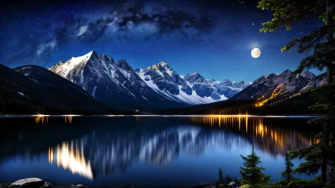 full moon night, mountain, lake, forest. moonlight,