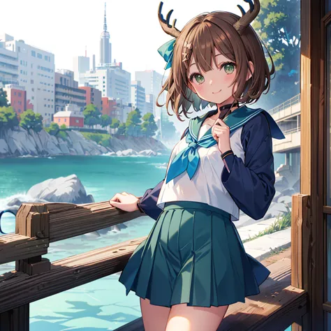 ((((shikanoko　brown hair、short bob　green eyes　smile))))　(((blue sailor suit、blue ribbon　navy blue skirt　deer horn、pop anime　(｀・ω...