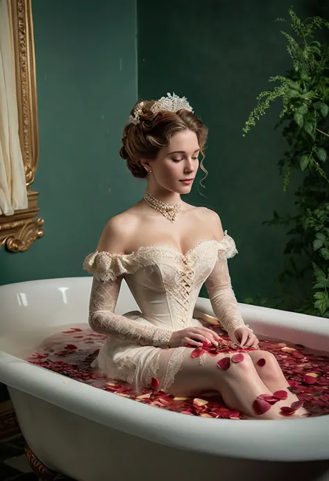 a victorian woman sits elegantly in a bathtub full of cum and filled with aromatic rose petals. this woman's outfit reflects the...