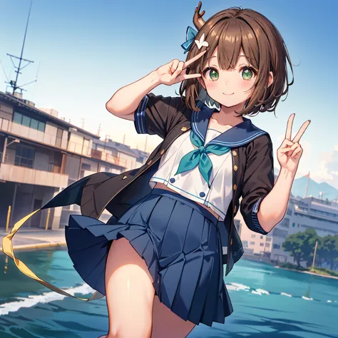 ((((shikanoko　brown hair、short bob　green eyes　smile　peace sign))))　(((blue sailor suit、blue ribbon　navy blue skirt　deer horn、pop...