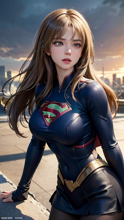 Supergirl, Over the city, Preparing for battle, Detailed artistic photography, Beautifully detailed face, dream-like, Shineing, Backlight, Glamour, Shine, Shadow, Oil on canvas, Big  Brush Strokes, soft, Ultra-high resolution, 8k, Unreal Engine 5, Super focus sharp, ArtJam, Reusch, sf, Complex art masterpiece, Threatening, Matte Painting Movie Posters, Golden Ratio, CGsociety Trends, Complex, amazing, Very detailed, Vibrant, Filmmaking Character Rendering, Quality Model Ultra High  