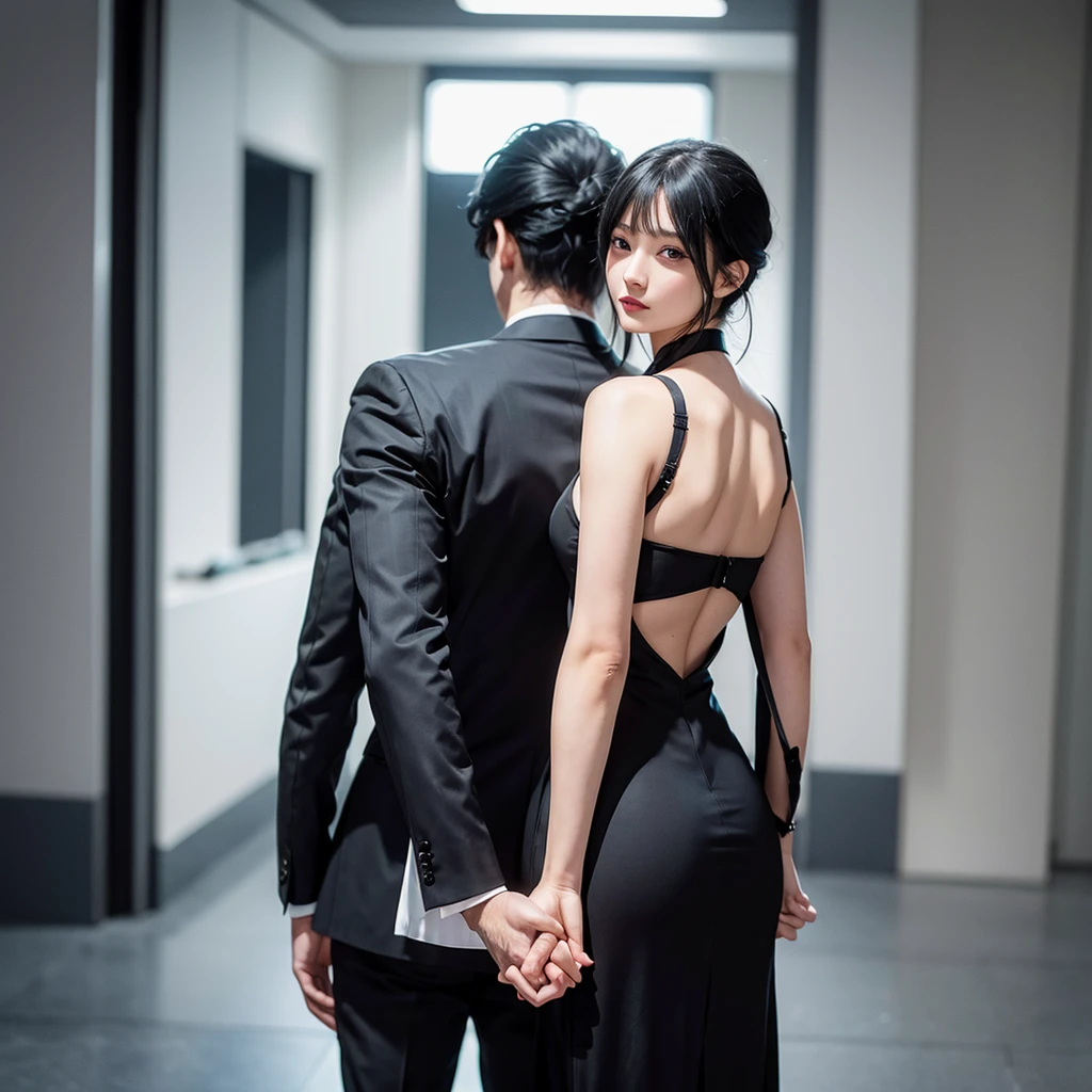 1boy 1girl, black hair, grey eyes, wearing all black suit, holding hands, absurdres, high res, ultrasharp, 8K, masterpiece, looking from behind