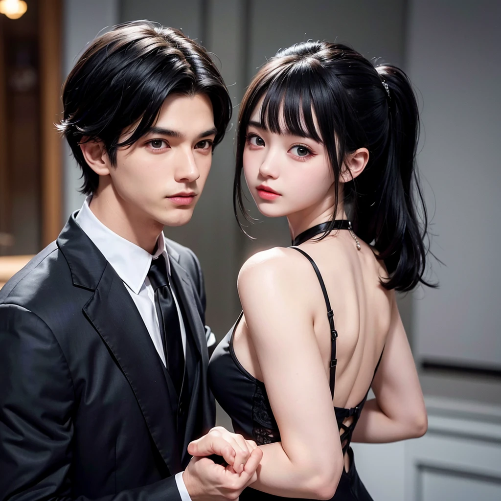 1boy 1girl, black hair, grey eyes, wearing all black suit, holding hands, absurdres, high res, ultrasharp, 8K, masterpiece, looking from behind