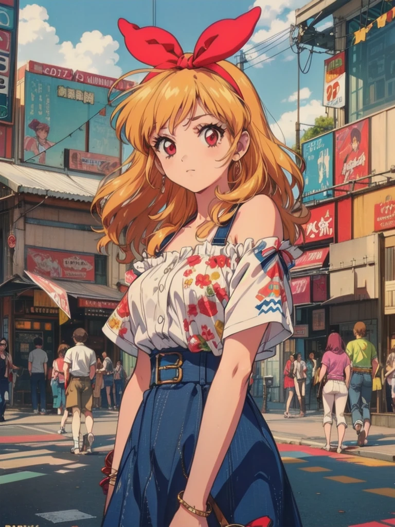 (RED Ribbon on HAIRband:1.2),(80's, retro, city pop poster:1.5), (album cover), (masterpiece, best quality), (anime, illustration), 
best photo pose, dynamic angle, cowboy shot,
girl, solo, 80 anime style, 19 year old Russian girl, blonde girl, shoulder height hair, Bangs, Smoking a cigarette, Wearing a white button-down shirt, short sleeves , and a red skirt, Warzone, Green eyes, large breasts, wide hips, perfect detail eyes, delicate face, RED eyes, blonde hair, hoshimiya ichigo