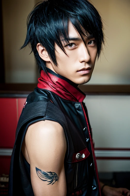 1 roqueiro japonês, macho, Olhos asiáticos, Penteado Visual Kei, cara bonita, hiperrealista, representação realista, Rosto e olhos ultra detalhados, muscular, Ombros largos, roupas de roqueiro, 40 anos, Cabelo preto