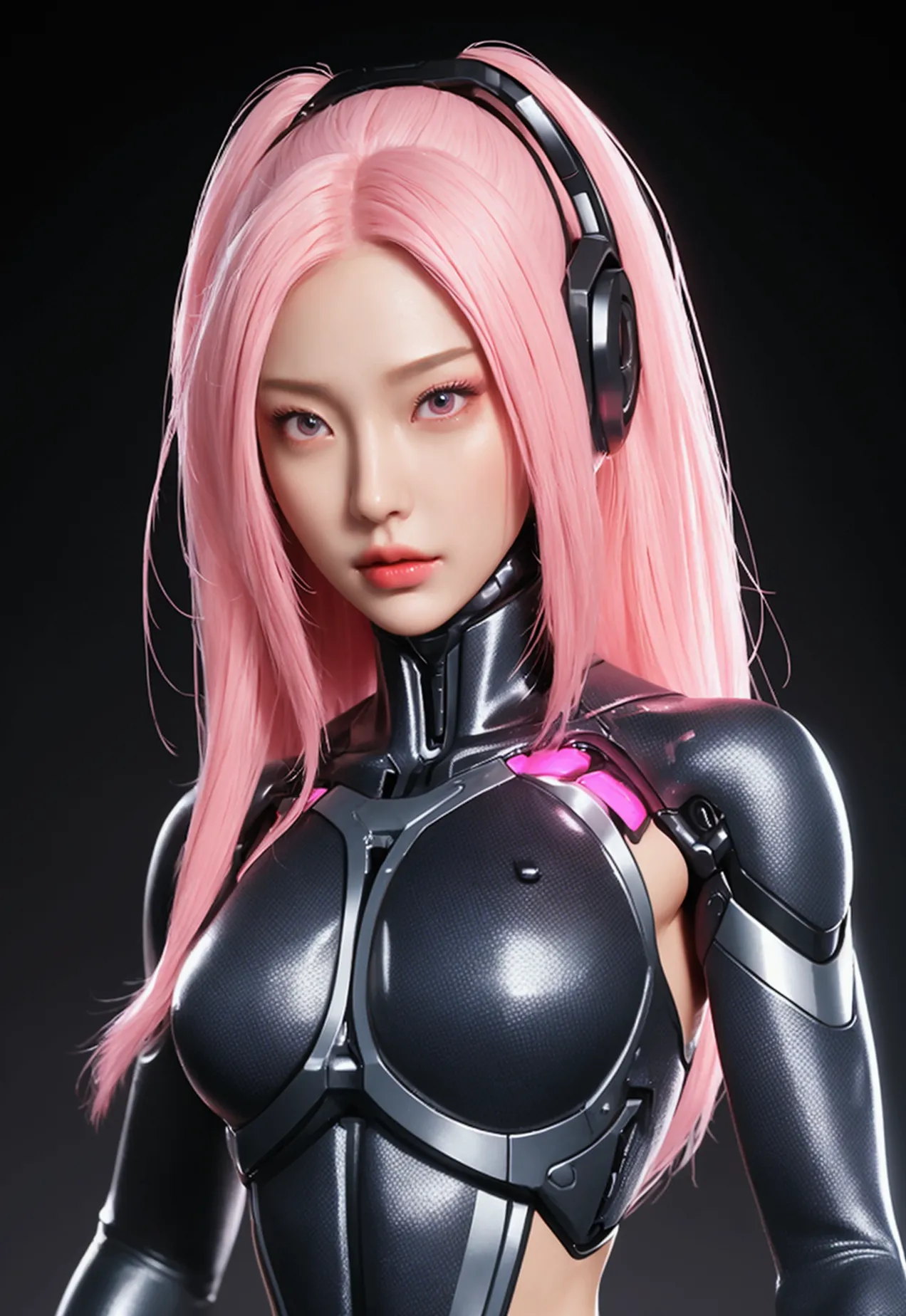 beautiful cybernetic girl detailed muscles realistic masterpieces full figure pose (best quality,ultra-detailed), pink hair, fai...