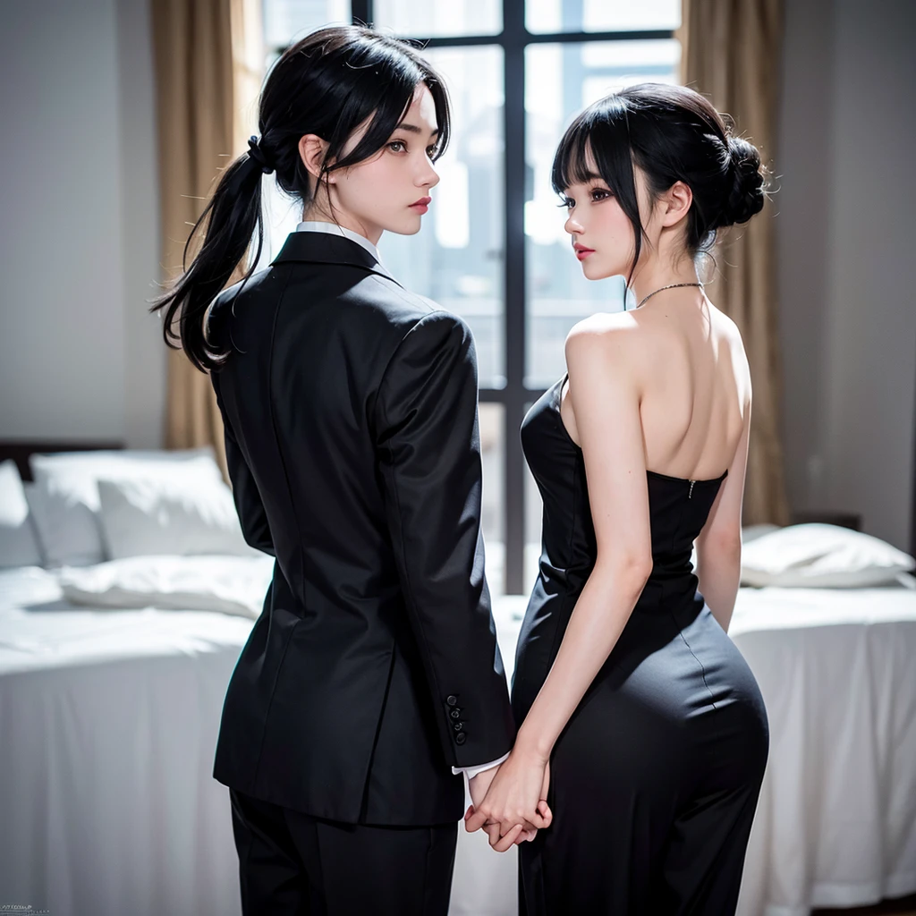 1boy 1girl, black hair, grey eyes, wearing all black suit, holding hands, absurdres, high res, ultrasharp, 8K, masterpiece, looking from behind