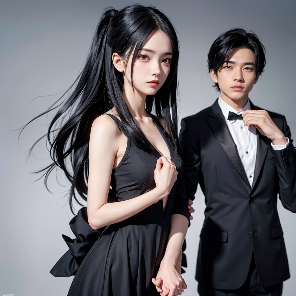 1boy 1girl, black hair, grey eyes, wearing all black suit, holding hands, absurdres, high res, ultrasharp, 8K, masterpiece, looking from behind