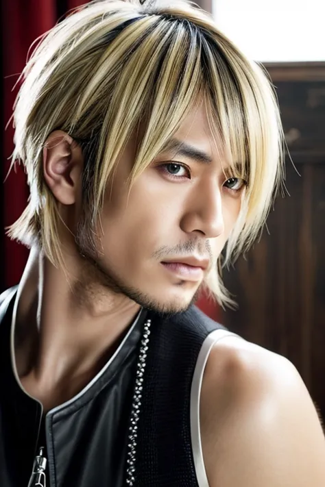 1 Japanese rocker, male, Asian eyes, Visual kei hairstyle, pretty face, 40 years old, hyperrealistic, realistic representation, ...