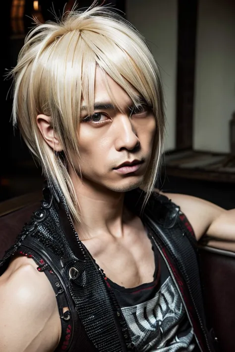 1 Japanese rocker, male, Asian eyes, Visual kei hairstyle, pretty face, 40 years old, hyperrealistic, realistic representation, ...