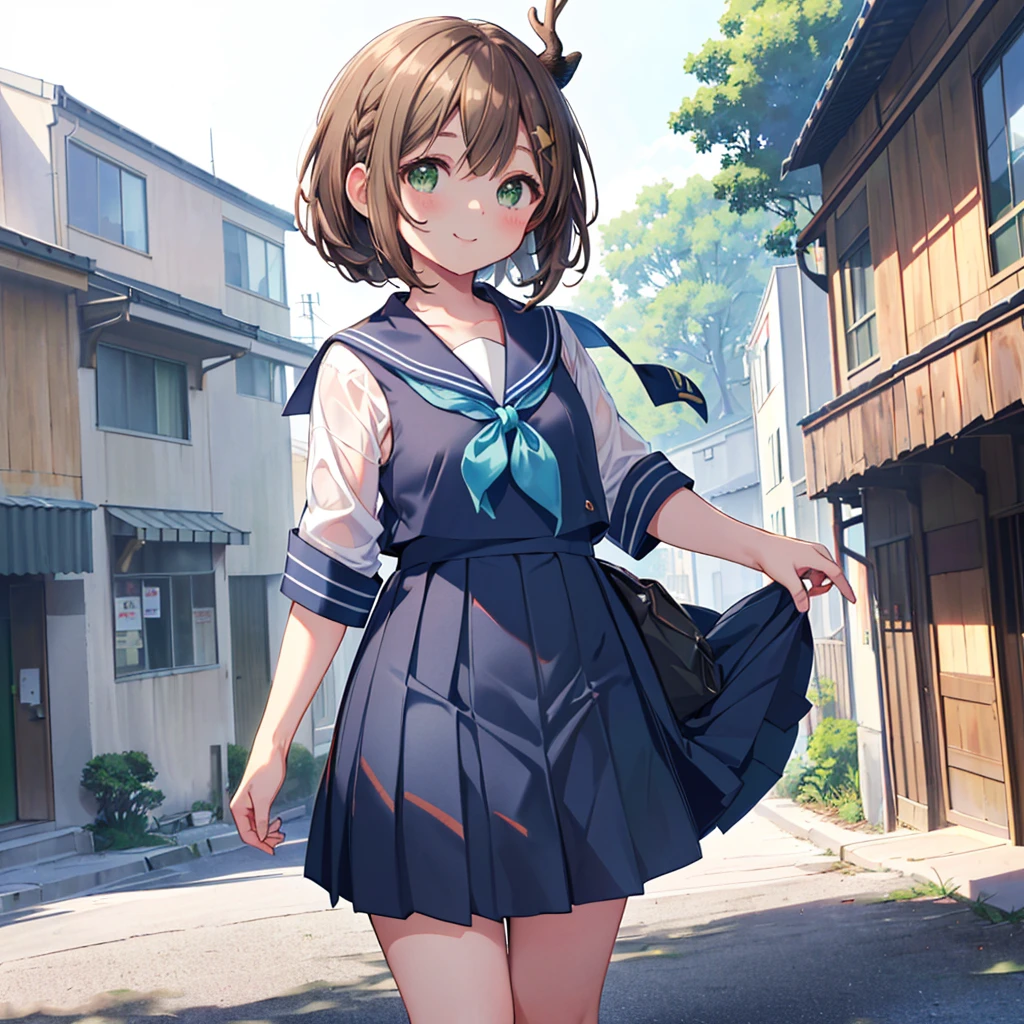 ((((Shikanoko　Brown Hair、Short Bob　Green Eyes　smile))))　(((Blue Sailor Suit、Blue ribbon　Navy Blue Skirt　Deer horn、Pop anime　(｀・ω・´))))　((In the city))　Shining Edges　Shining Background