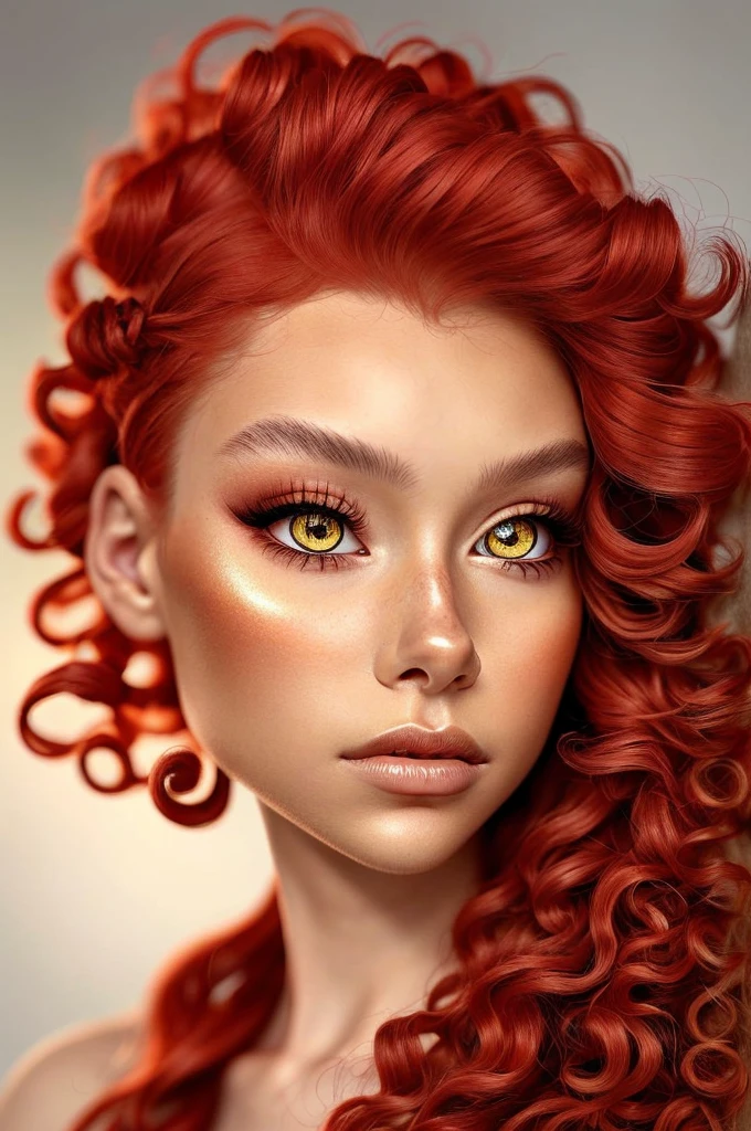 AlexandraLenarchyk focus on eyes, close up on face, hair styled spiral curls red hair