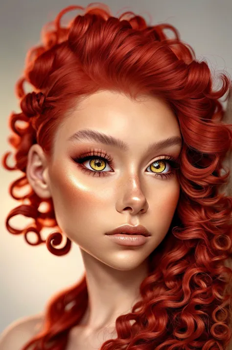 alexandralenarchyk focus on eyes, close up on face, hair styled spiral curls red hair