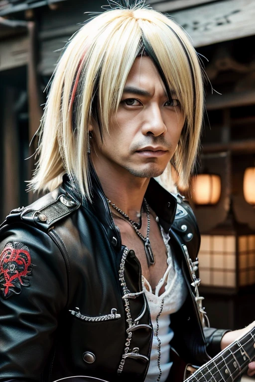 1 roqueiro japonês, macho, Olhos asiáticos, Penteado Visual Kei, cara bonita, 40 anos old, hiperrealista, representação realista, Rosto e olhos ultra detalhados, muscular, Ombros largos, roupas de roqueiro, 40 anos, cabelos pretos e loiros, Estilo Visual Kei 