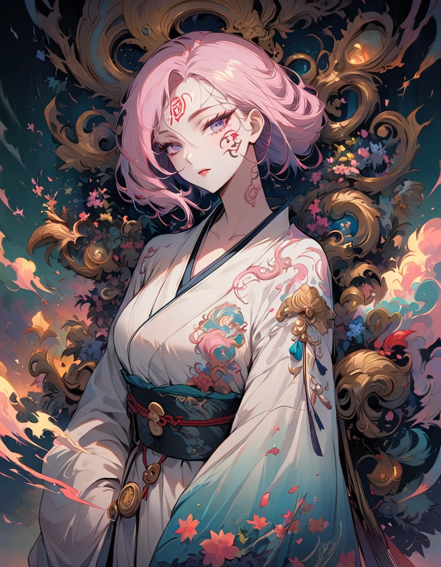 surreal, Very detailed, and a high resolution 16k image of a young woman, Beautiful female ghost or guardian angel. She has light pink hair and translucent skin, Wearing a traditional Japanese kimono，face tattoo(Meaningful Chinese character writing:1.1)，There is a small cherry blossom pattern on the belt. The image captures the ethereal beauty and mystery of the world. Style inspired by sophistication, Soft aesthetics in traditional Japanese art.