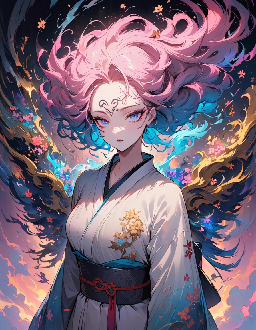 surreal, Very detailed, and a high resolution 16k image of a young woman, Beautiful female ghost or guardian angel. She has light pink hair and translucent skin, Wearing a traditional Japanese kimono，face tattoo(Meaningful Chinese character writing:1.1)，There is a small cherry blossom pattern on the belt. The image captures the ethereal beauty and mystery of the world. Style inspired by sophistication, Soft aesthetics in traditional Japanese art.