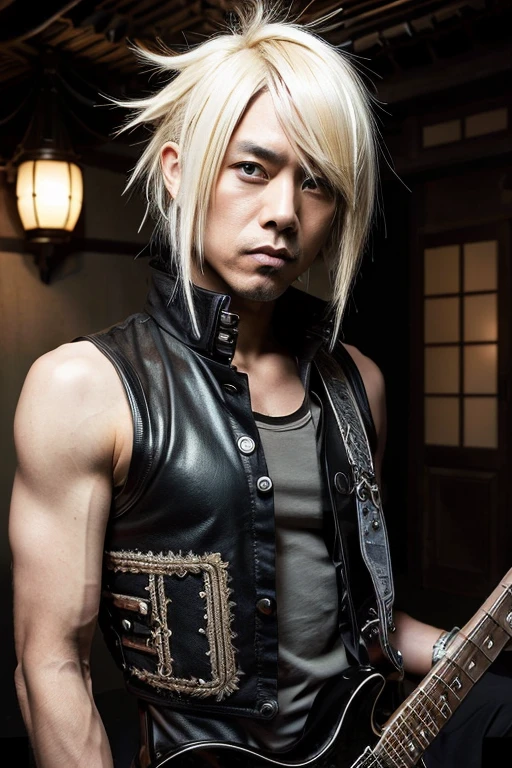 1 roqueiro japonês, macho, Olhos asiáticos, Penteado Visual Kei, cara bonita, 40 anos old, hiperrealista, representação realista, Rosto e olhos ultra detalhados, muscular, Ombros largos, roupas de roqueiro, 40 anos, cabelos pretos e loiros, Estilo Visual Kei 