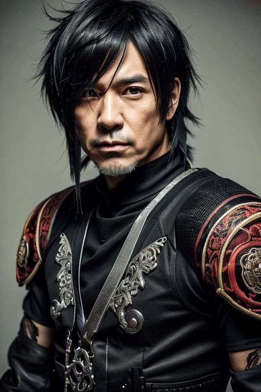 1 Japanese rocker, male, Asian eyes, Visual kei hairstyle, pretty face, 40 years old, hyperrealistic, realistic representation, ultra detailed face and eyes, muscular, broad shoulders, rocker clothing, 40 years, Black  hair, Visual  Kei style 