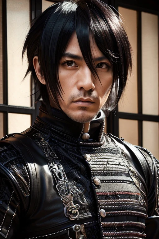 1 Japanese rocker, male, Asian eyes, Visual kei hairstyle, pretty face, 40 years old, hyperrealistic, realistic representation, ultra detailed face and eyes, muscular, broad shoulders, rocker clothing, 40 years, Black  hair, Visual  Kei style 