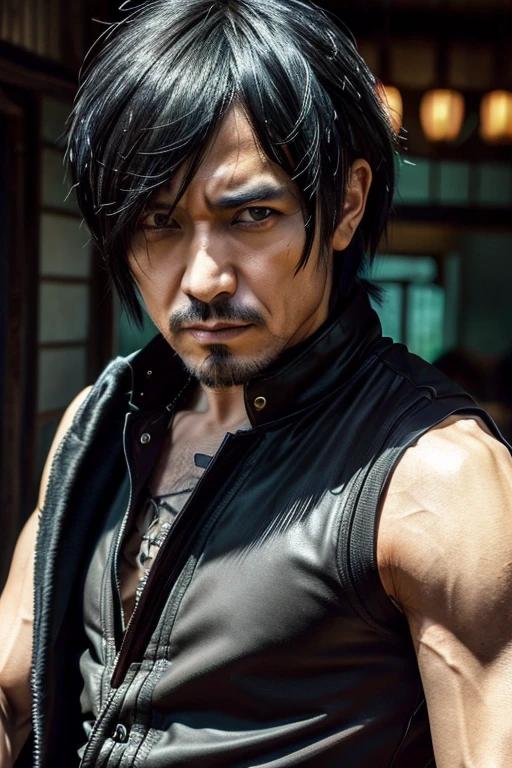 1 roqueiro japonês, macho, Olhos asiáticos, Penteado Visual Kei, cara bonita, 40 anos, hiperrealista, representação realista, Rosto e olhos ultra detalhados, muscular, Ombros largos, roupas de roqueiro, 30 anos, cabelo preto, Estilo Visual Kei 