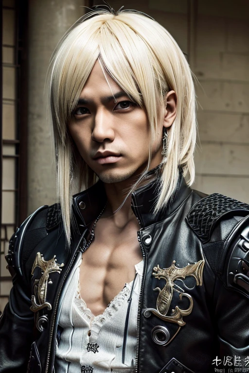 1 Japanese rocker, male, Asian eyes, Visual kei hairstyle, pretty face, 30 years old, hyperrealistic, realistic representation, ultra detailed face and eyes, muscular, broad shoulders, rocker clothing, 30 years, Black and Blonde hair, Visual  Kei style 