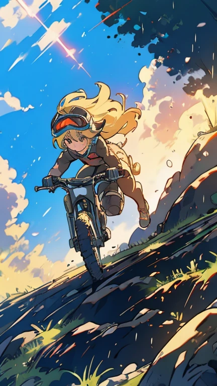 
One girl\(Mountain bike\(Motion Blur:1.2\), (downhill:1.4), Running down a dangerous cliff, rider, downhill outfit\(Full Face Helmets, mud stains, protector, visor,goggles\(rainbow reflection\)\),blonde,Long Hair,Floating Hair, (Dynamic Action:1.5)\), break ,background\(nature, Light cloudiness, Sunlight shines through the clouds ,heavy rain, mud, Dust,\), (Dynamic Angle:1.4),Long Shot,Wide Shot, landscape