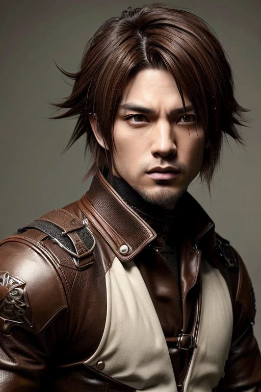 1 Japanese rocker, male, Asian eyes, Visual kei hairstyle, pretty face, 30 years old, hyperrealistic, realistic representation, ultra detailed face and eyes, muscular, broad shoulders, rocker clothing, 30 years, Brown hair, Visual  Kei style 