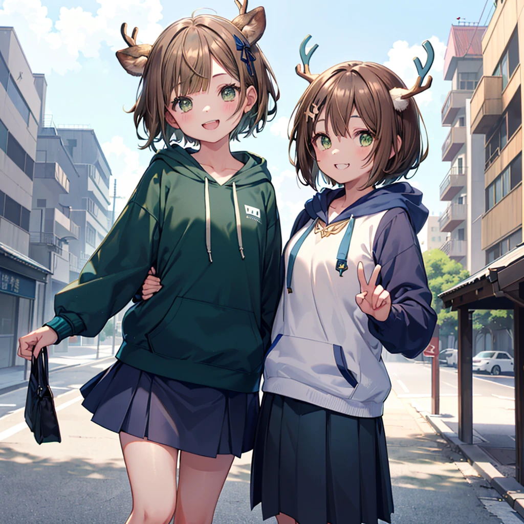 ((((Shikanoko　Brown Hair、Short Bob　Green Eyes　smile　Showing teeth))))　(((Blue hoodie、Blue ribbon　Navy Blue Skirt　Deer horn、Pop anime)))　((In the city))　Shining Edges　Shining Background