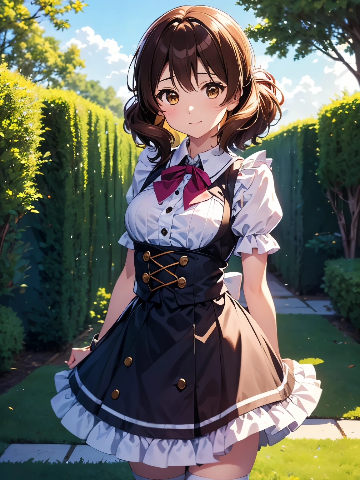 masterpiece、Ultra-precision,Kumiko Omae、(masterpiece, Highest quality:1.2), One Girl、solo、Anime illustration style、garden、Mouth closed、Hands Behind Back、One Girl, alone, Absolute reference to the center、Standing on the grass、Kumiko, Brown Hair, Brown eyes, Medium Hair、4Ｋ，8Ｋ,(Genuine、Genuine志向、写真Genuine志向：1.5）、High resolution、超High resolution、ultra high definition paintings、whole body、Cowboy Shot、Victorian maid clothes、Long skirt