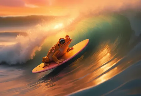 a tiny, lost rubber toad in an action shot close-up, surfing the humongous waves, inside the tube, in the style of Kelly Slater,...