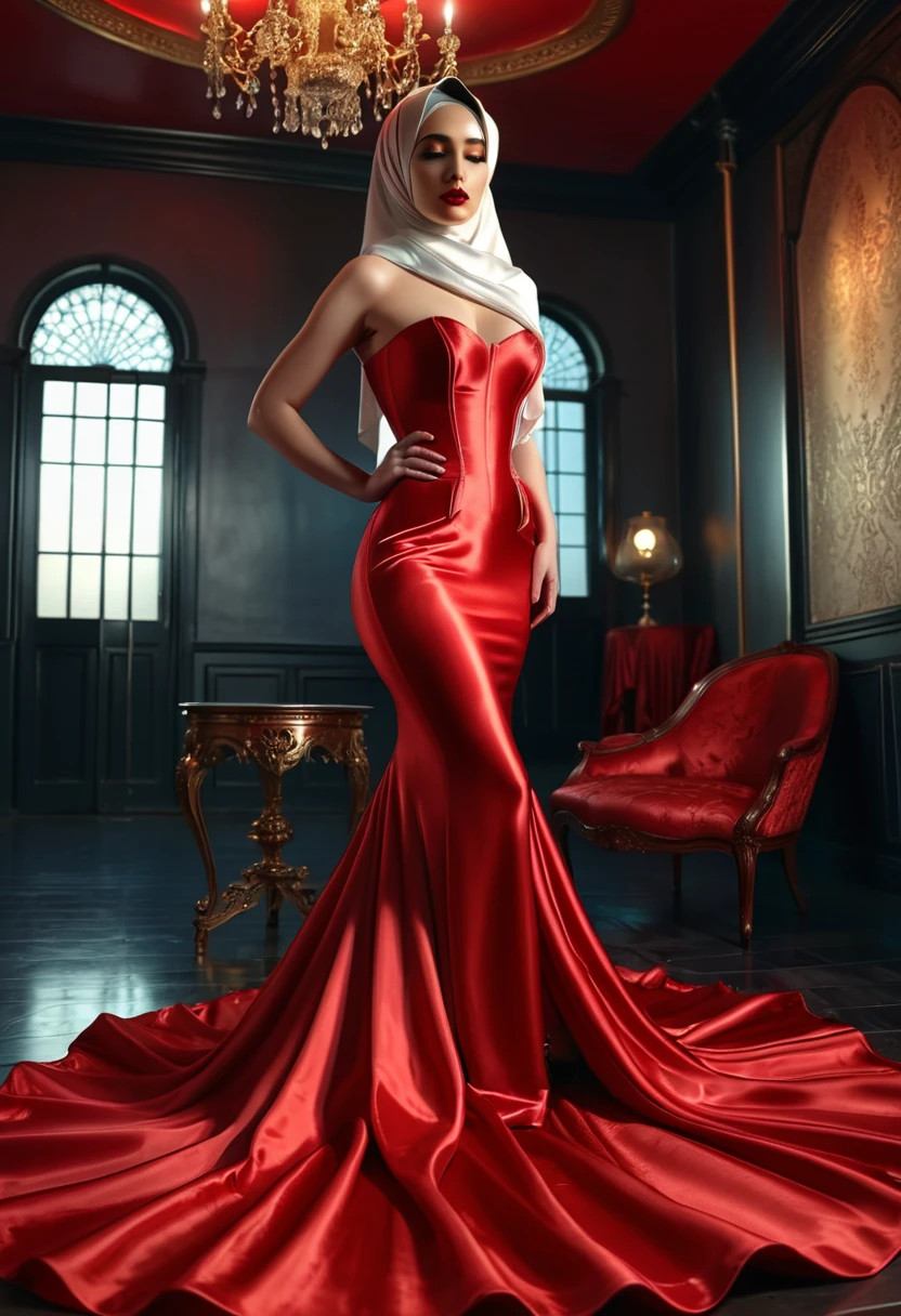 a woman in the silk gown, full body,wear hijab,wear corset ,brest expose, half neked, mermaid tight long gown, flowy dramatic long gown, double long satin train ( 4 meter long ),red satin sheet, in torture room, in wear high heels, masterpice, 4k resolution, ultra-realistic, highly detail.