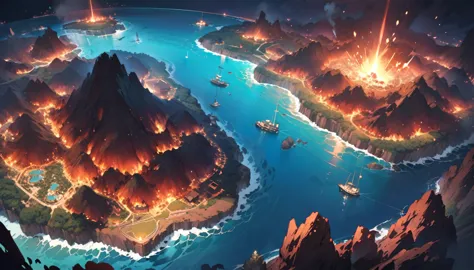 (masterpiece、premium quality、ultra detailed) , map of an island in the middle of the sea, the island of hell, at night.