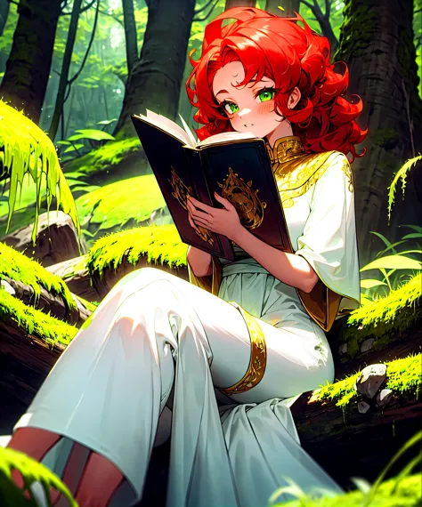 curly red hair, green eyes, in a flowy white dress with golden embroidery, sitting on a moss-covered rock in a lush forest, hold...