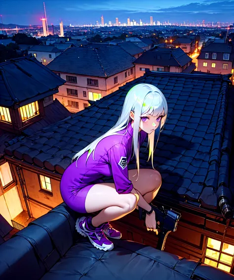 1female: straight silver hair, purple eyes, sporting high-tech spy gear and a compact firearm, crouched on a rooftop at night wi...