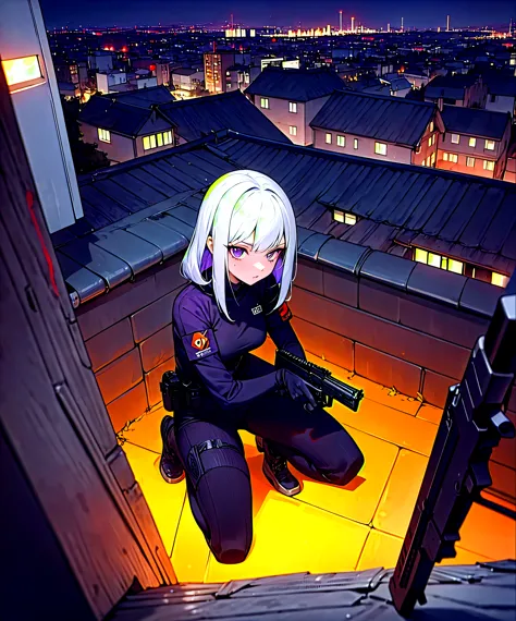 1female: straight silver hair, purple eyes, sporting high-tech spy gear and a compact firearm, crouched on a rooftop at night wi...