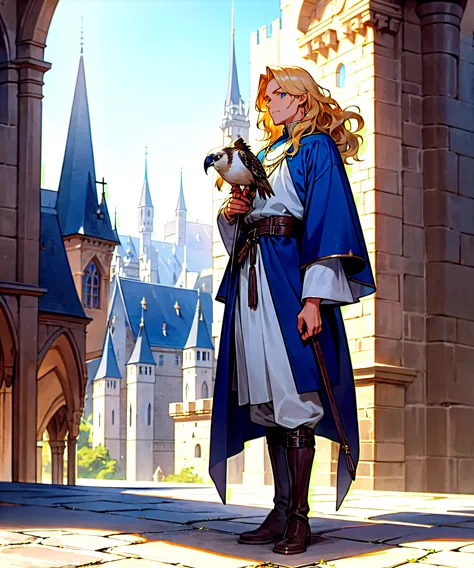 1male: wavy blonde hair, blue eyes, dressed in a royal blue medieval tunic and leather boots, standing on a castle balcony, hold...