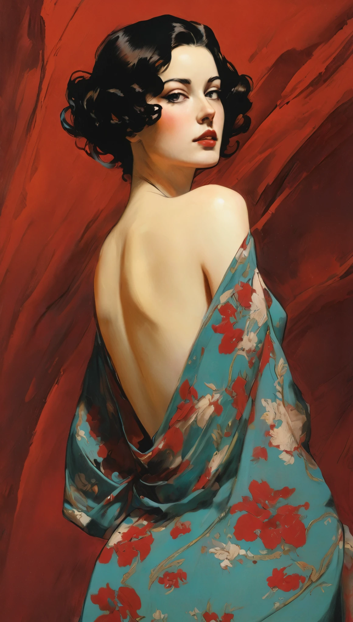 Sexy illustration of an elegant queen using chiaroscuro (((Short hair without bangs:1.4、beautiful eyes) , High quality ,Silk dress, matte paint, John Singer Sargent, author：Katsuya Terada、 Very soft colors, Deep and vivid, Deep red pastel, Very detailed, The art of math, High contrast, dramatic, complicated, Tone, close, Sexy and romantic、masterpiece、The Minimalists、