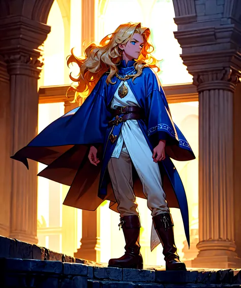 1 male, wavy blonde hair, blue eyes, royal blue medieval tunic, leather boots, standing on castle balcony, holding falcon, detai...