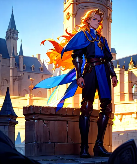 1 male, wavy blonde hair, blue eyes, royal blue medieval tunic, leather boots, standing on castle balcony, holding falcon, detai...